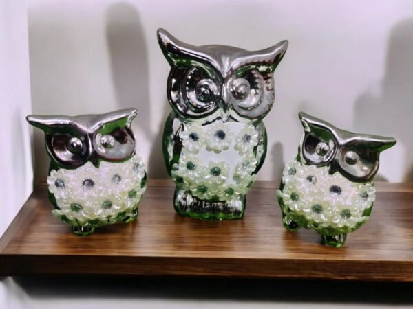 Set of 3 Stylish and Glamorous Silver Owls Showpiece with Flowers