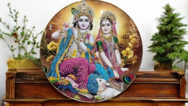 Shri Radhe - Krishna Wall Art with Gold Ring Framed Acrylic Painting