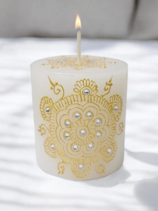 Hand-Painted Floral Vine Henna Design Candles – Unscented White Candles for Gifting & Decoration (3 x 3 Inches)